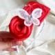 Red and white headband with handmade satin flowers and butterfly with sparkling elements, flower girl bridesmaid