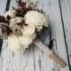 Winter autumn wedding rustic woodland small bridal bridesmaid BOUQUET ivory Flowers pine cones sola roses burgundy leafs lace pearl pins