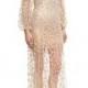 Sequined-Petal Illusion Tulle Gown, White/Gold