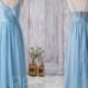 2016 Light Blue Bridesmaid Dress, V Neck Wedding Dress, Spaghetti Straps Prom Dress with Lace, Open Back Evening Gown Floor Length (H047B)