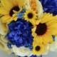 17 Piece Package Wedding Bridal Bouquet Silk Flowers Bouquets Artificial Sunflower Royal BLUE YELLOW IVORY "Lily of Angeles" BLYE06