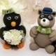 Penguin and Raccoon wedding cake topper, customizable with banner