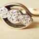 Art Deco Geometric Diamond Trilogy Ring, Vintage 9k Gold, Platinum and Diamond Engagement Ring Approx. Size US 5.5 / 5.75