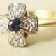 Vintage Sapphire & Diamond Flower Ring, Sapphire, Diamond and 9k Gold Ring, Approximate Size US 6.5