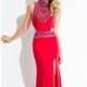 Red Beaded Jersey Slit Gown by Rachel Allan - Color Your Classy Wardrobe