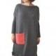 20% WINTER SALE Dark Gray Hand Knitted Dress with Pink Pocket