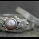 Rough Diamond and Pearl Engagement Band and Wedding Stacking  Ring Set- Custom Made Custom Colour