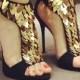 Gold Embellished Sequin High Heeled Formal Sexy Womens Wedding Shoe Sandal