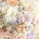 Brooch Bouquet, Peach, Lilac, Ivory, Blush, Pastels Bouquet, Elegant Wedding, Vintage Wedding, Linen, Lace Bouquet, Crystals, Pearls
