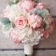 Shabby Chic Wedding Bouquet - Peony Rose and Hydrangea Ivory and Blush Wedding Bouquet with Lace Wrap and Lambs Ear