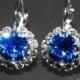 Sapphire Halo Crystal Earrings Swarovski Blue Rhinestone Earrings Hypoallergenic Leverback Earrings Royal Blue Cobalt Bridesmaid Jewelry