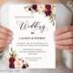 5 Burgundy Floral Wedding Invitation Templates, Printable Wedding Invites Set, Rustic Boho Chic, Winter Wedding Invite Set DIY PDF