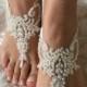 Ivory pearl lace barefoot sandals, FREE SHIP, beach wedding barefoot sandals, belly dance, lace shoes, bridesmaid gift, beach shoes
