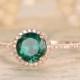 Emerald Engagement Ring Round Cut Ring 14K Rose Gold Emerald Ring May Birthstone Ring Emerald Diamond Halo Ring