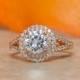 Round Halo Ring, Wedding Ring, Engagement Ring, Bridal Ring, Split Shank, Rose Gold Plated, Diamond Simulants, Sterling Silver
