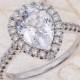 Pear Shape White Sapphire Diamond Halo Engagement Ring - 14kt White Gold 0.55 ctw G-SI2 Quality Diamonds