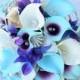 Purple Turquoise Blue Beach Brooch Silk Flower Wedding Bouquet - Purple Blue Calla Lilies and Orchids Natural Touch Silk Bridal Bouquet