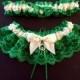 Irish Claddagh Garter Set Celtic Gaelic Shamrock Four Leaf Clover Ivory or White Bows with Emerald Green Lace