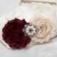 Wine Burgundy Wedding Garter Set, Bridal Lace Garter Set, Shabby Flower, Vintage Style Ivory Stretch Lace, Rhinestone Keepsake, Lc-B/BtnChc