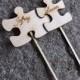 Set of 2 Puzzle Piece Shaped Rustic Wood Cake Toppers, Wedding Favors, Event Favors, Rustic Wedding, French Rustic Style