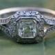 HALO Diamond Engagement Ring - Modified Asscher E/VS1 Center Diamond - Bezel set - 18K White Gold - Antique Style - weddings - Bph018