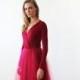 Bordeaux maxi length tulle gown with long sleeves , Bordeaux bridesmaids tulle gown 1066
