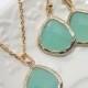 Mint Drop Jewelry Set in Gold, Bridesmaids favors, Mint Opal Gold bezel set Pear shape Necklace and Earrings -Bridal Wedding Jewelry