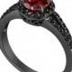 Garnet & Black Diamond Engagement Ring Vintage Style 14k Black Gold 1.25 Carat Unique Halo HandMade Birth Stone