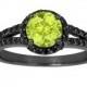 Peridot & Black Diamond Engagement Ring Vintage Style 14k Black Gold 1.40 Carat Unique Halo HandMade Birth Stone