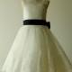 Ivory Lace Applique Flower Girl Dress Knee Length with Navy Sash and Bow