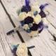 Bridal cream dark blue turquoise wedding feathers MEDIUM BOUQUET Flowers, satin ribbon Handle cotton lace elegant vintage boho