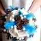 READY to SHIP Winter wedding frozen wonderland BOUQUET Cream Flowers, pine cones, raw cotton, feathers, frozen fruits, sola roses, blue