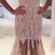 Mermaid Jewel Illusion Back Sweep Train Light Champagne Prom Dress with Lace Appliques