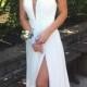 A-line Halter Floor Length Split White Backless Prom Dress with Pleats