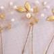 Gold bridal headpiece hair pin, 18k gold plate, real freshwater pearls, darling wedding hair jewelry Style 314