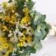 Sunshine - Wedding bouquet. Garden posy of Australian native wattle, mini daisies and gum foliage. Pretty yellow and white bouquet.
