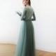 Sage green maxi length tulle gown with long sleeves , Green sage bridesmaids tulle gown 1066