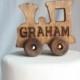 Old-fashioned Wood Toy Engine Train with Name Cake Topper, Personalized, Toy, Vintage Look, Varnish, Over The Top Cake Topper, Engraved
