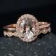 Pink Morganite and Halo Diamond Ring – Engagement Ring Set – Vintage Milgrain Leaf Band