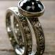 Black Diamond Engagement Ring & Diamond Wedding Band in Palladium with Scroll Work Size 7
