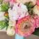 Bouquet of Silk Peonies, Ranunculus and Succulents Coral Peach Natural Touch Flower Wedding Bride Bouquet - Almost Fresh