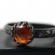 Engraved Hessonite Garnet Engagement Ring, Custom Engraving, Oxidized Floral Pattern Band, Honeycomb Stone