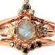 Moon Temple Rose Gold Engagement Ring Set - Rose Cut Labradorite with Black and White Diamonds