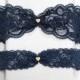 Navy lace garter set, gold tiny heart charm garter set, wedding garter set, lace garter set, bridal garter set