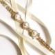 Gold Rhinestone Ribbon Bridal Headband - White or Ivory Satin - Gold Crystal Pearl