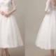 50shouse_ 50s inspired retro feel lace top Tulle tea length wedding dress with flower sash_ custom make