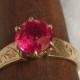 Eco Engagement Ring Ruby Solitaire Antique Art Deco 14k Yellow Gold Hand Etched Ring 1.3 Carat Synthetic? Hot Pink Ruby or Saphire