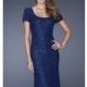 Navy Sequin Short Sleeved Gown by La Femme - Color Your Classy Wardrobe