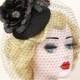 Black Rose Hat, Black Birdcage Veil, Feather Fascinator, Birdcage Veil, Black Hat, Rose Headpiece, Victorian Hat, Goth Bridal, 1940s Pin Up
