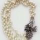Statement Wedding Necklace, Triple Strand Pearl Bridal Necklace, Large Rhinestone Brooch Wedding Jewelry